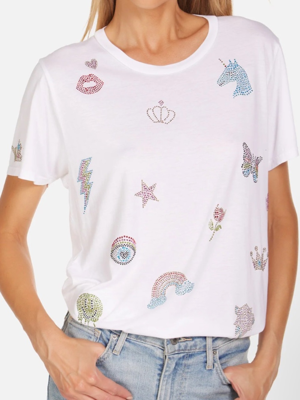 Lauren Moshi White Tee Blue Unicorn and Multicolor Rhinestone Patches Small